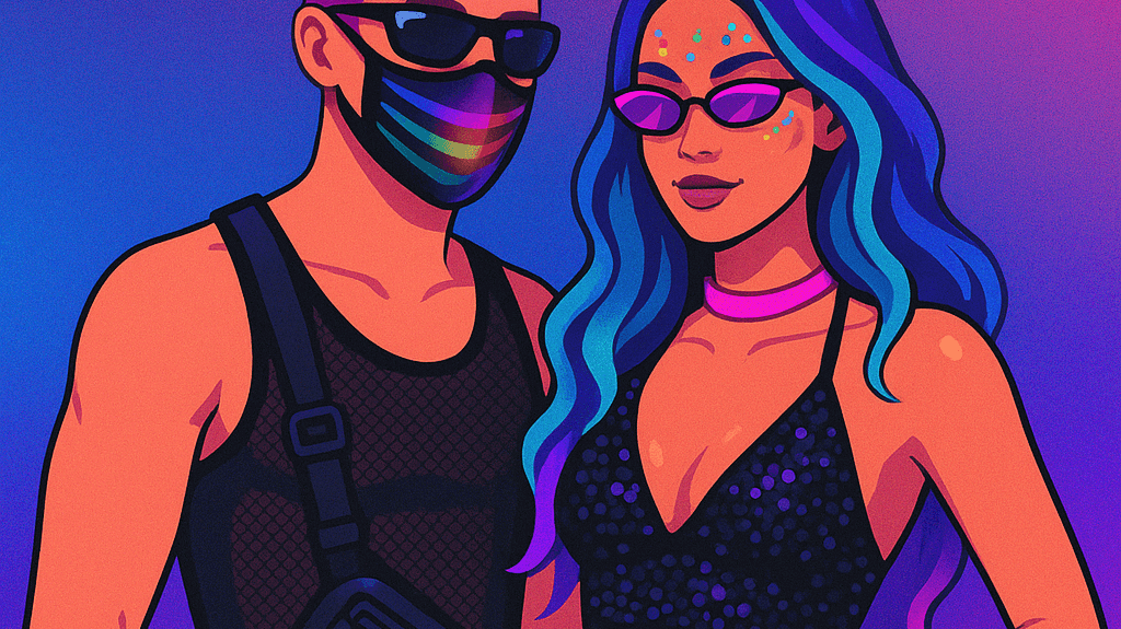 Stylish couple in rave outfits, featuring bright colors and accessories for 2025 rave culture.