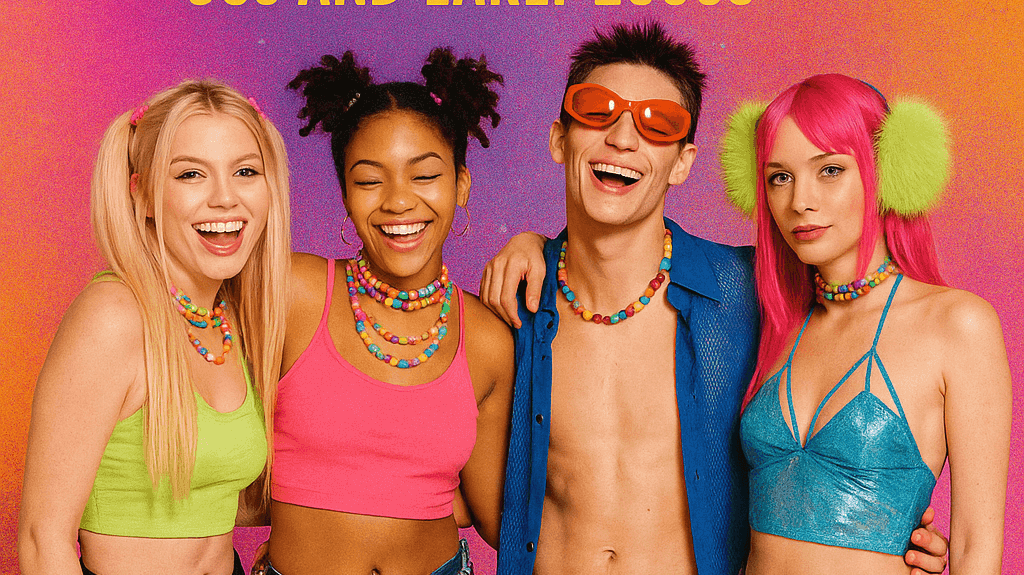 Group of friends in colorful rave outfits celebrating 90s and early 2000s fashion and culture.