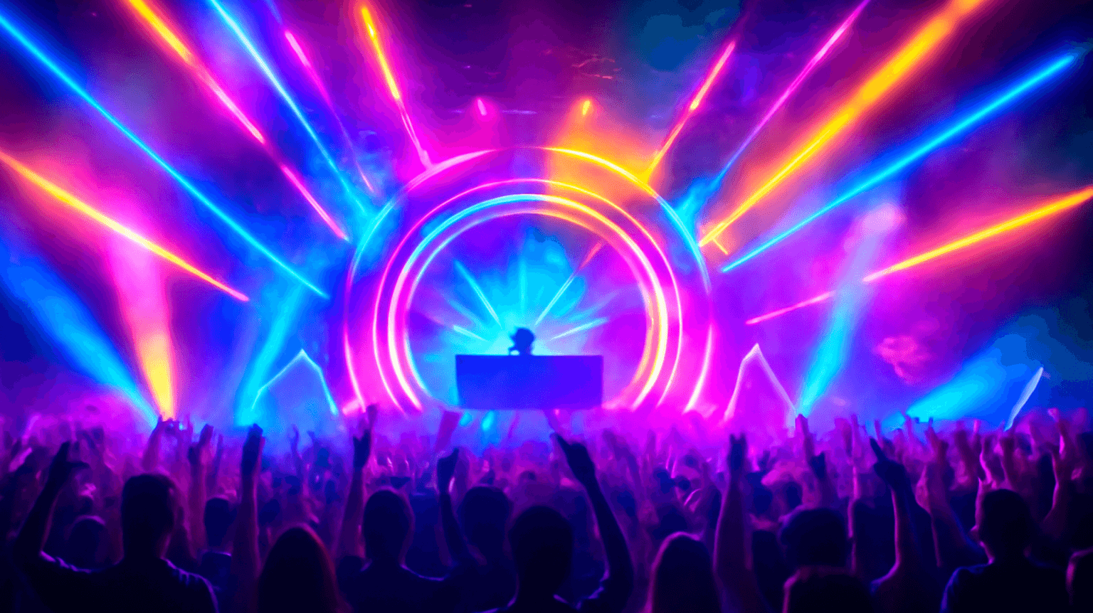 Vibrant lights and DJ performing at a festival with partygoers enjoying an immersive rave experience.
