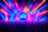 Vibrant lights and DJ performing at a festival with partygoers enjoying an immersive rave experience.