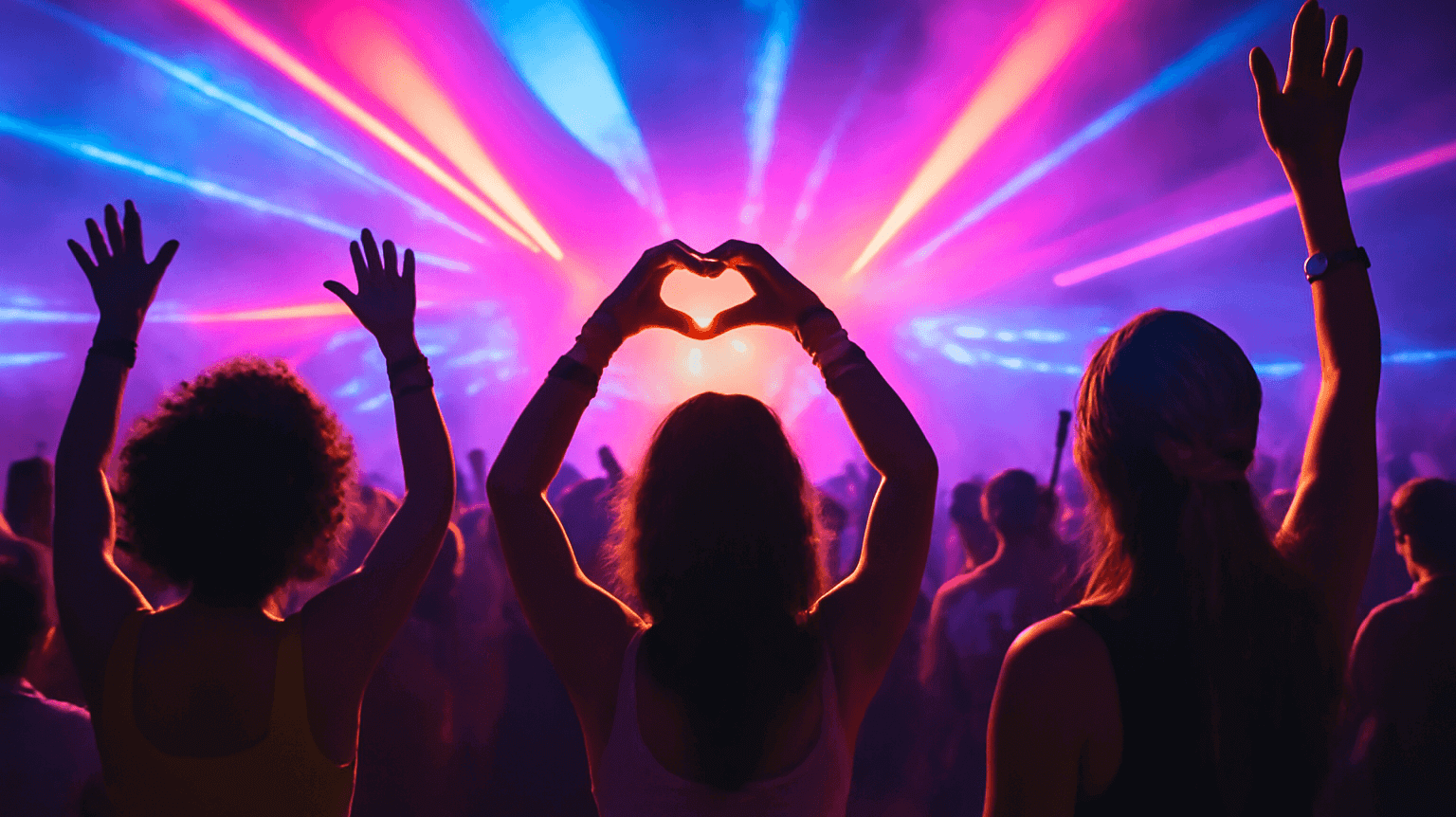 Friends enjoying a vibrant rave, forming a heart shape with hands under colorful lights.