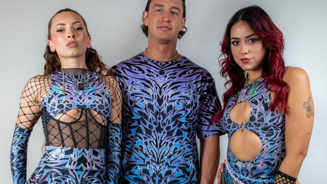 Three individuals showcasing vibrant rave outfits with unique patterns perfect for music festivals.