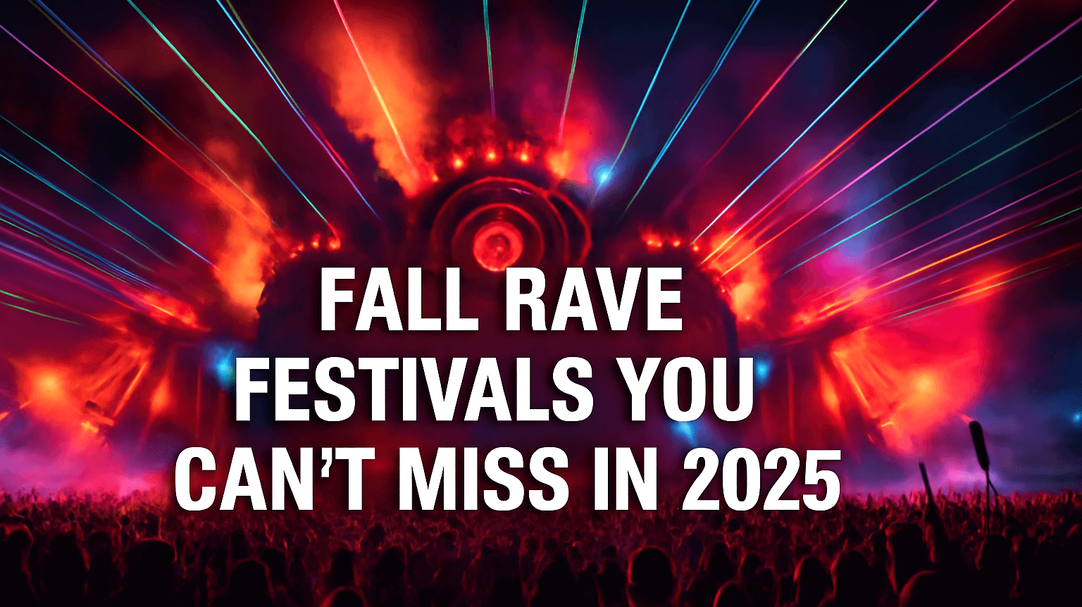 Colorful laser lights illuminate a crowd at a fall rave festival in 2025, showcasing an electrifying EDM atmosphere.