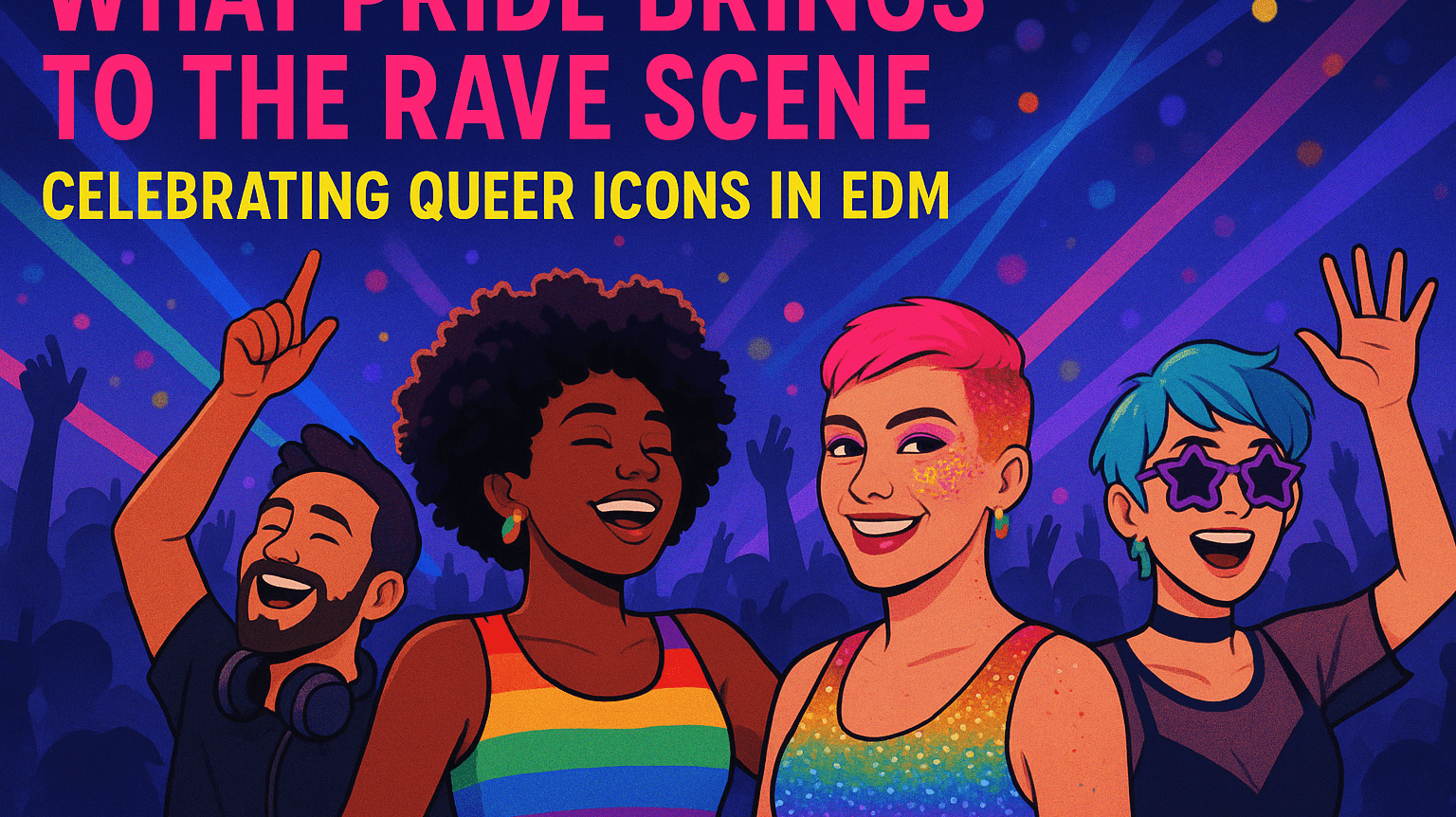 Illustration of diverse individuals in rave outfits celebrating Pride and EDM culture, embodying joy and self-expression.