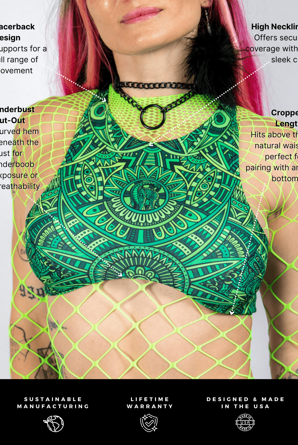 Dominion Teaser Top featuring racerback design and underboob cut, ideal for rave outfits.