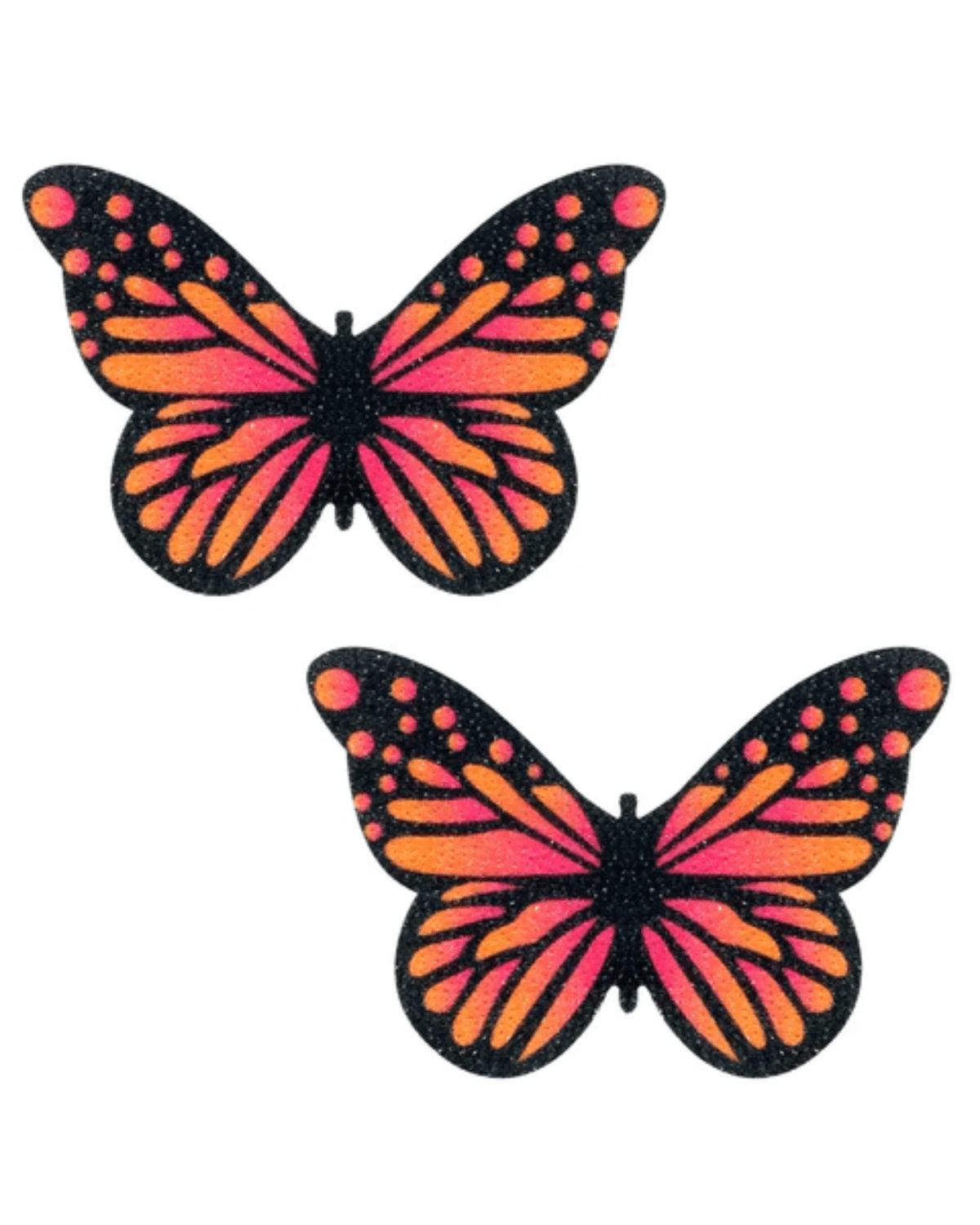 Large velvet ombre butterfly pasties in pink and orange, perfect for rave outfits and festival wear.