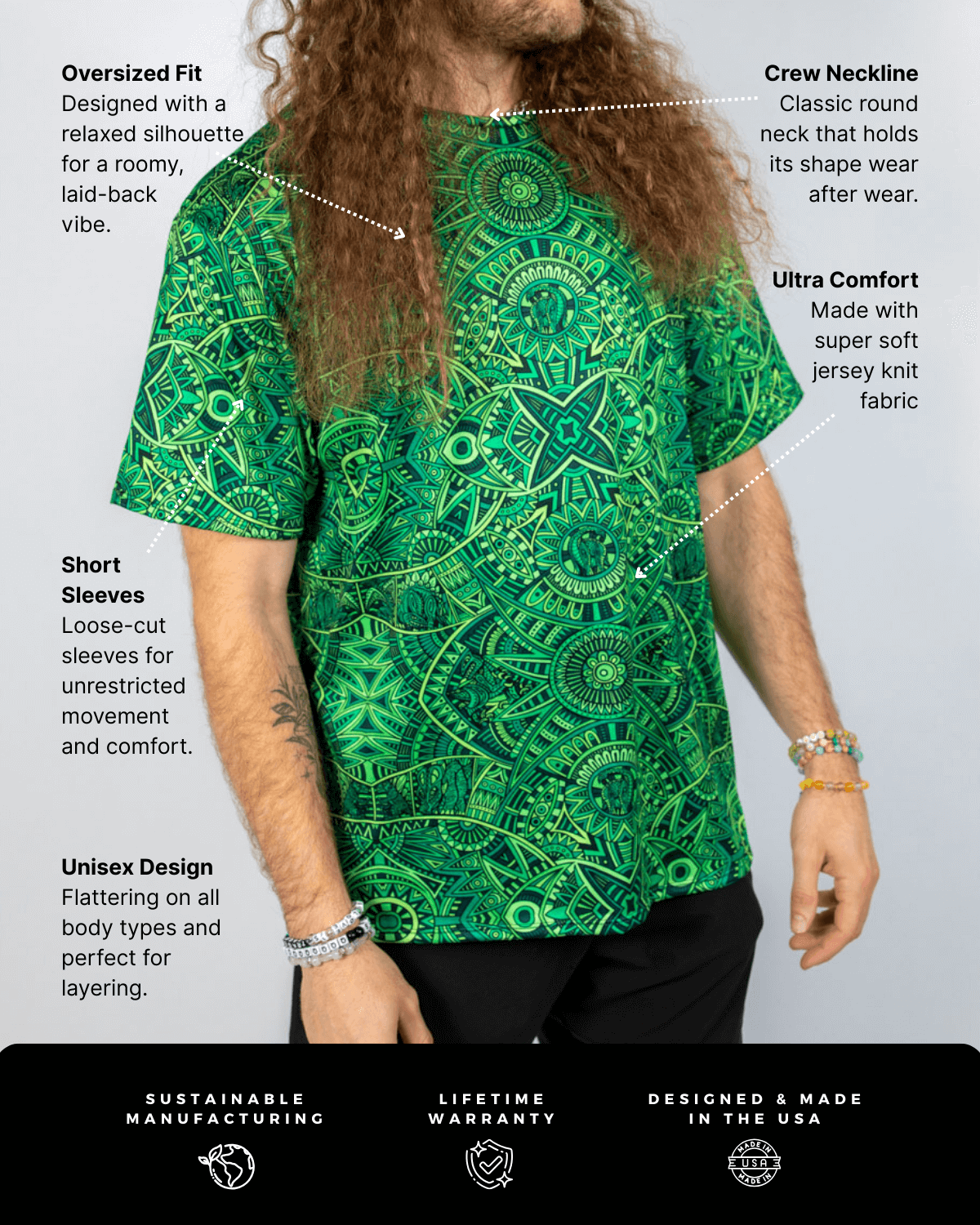Dominion Oversized Softee featuring a bold green psychedelic pattern with relaxed fit and short sleeves.