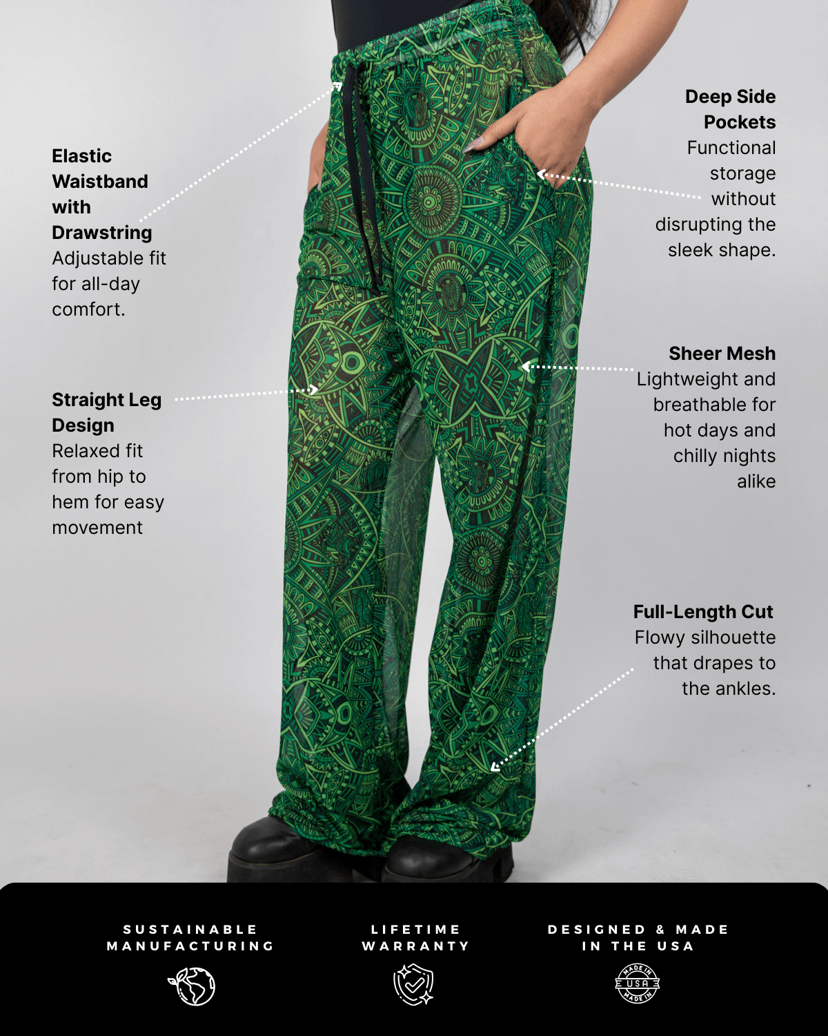 Dominion Mesh Lucy Pants featuring elastic waistband, deep pockets, and sheer mesh design for stylish rave outfits.