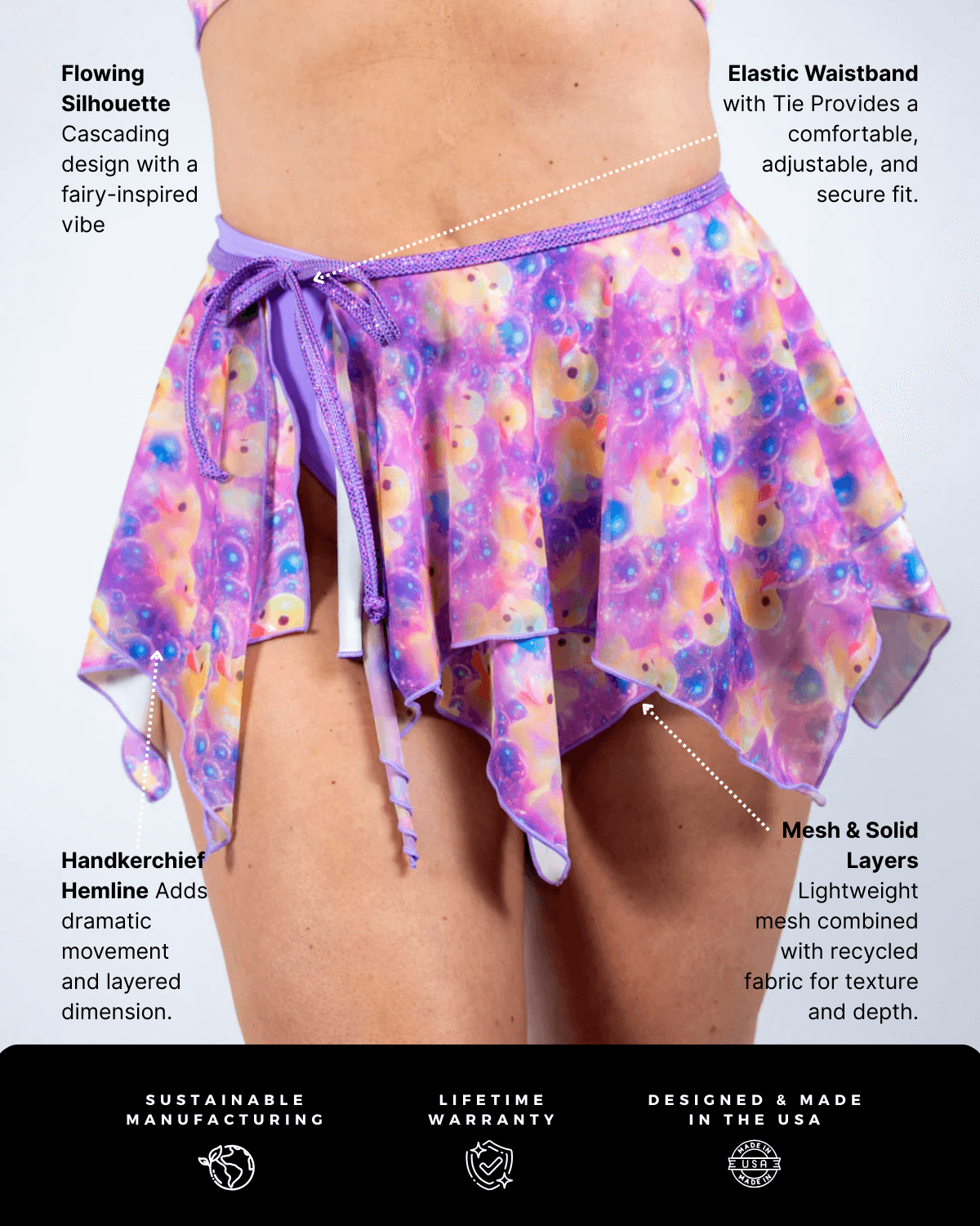 Duckies Fairy Skirt featuring cascading mesh layers in purple, yellow, and pink for perfect rave outfits.