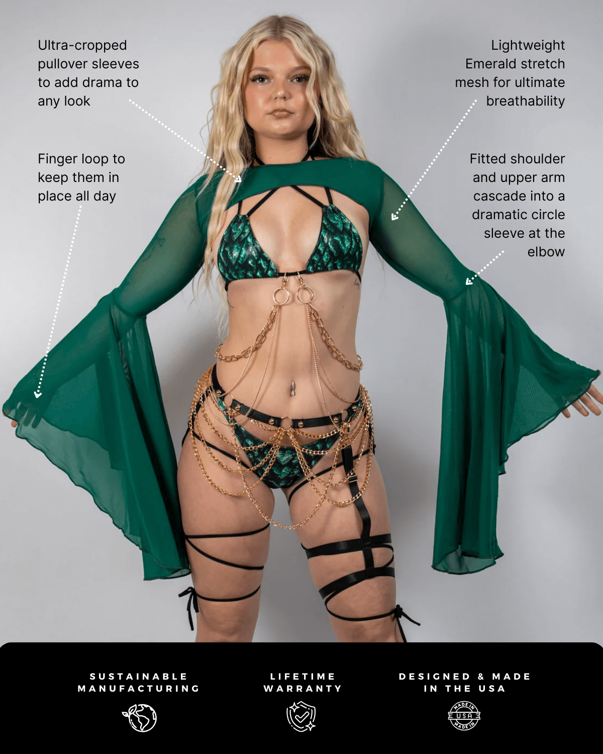 Model showcasing Emerald Mesh Bell Sleeves with dramatic bell cuffs, perfect for rave outfits and nighttime events.