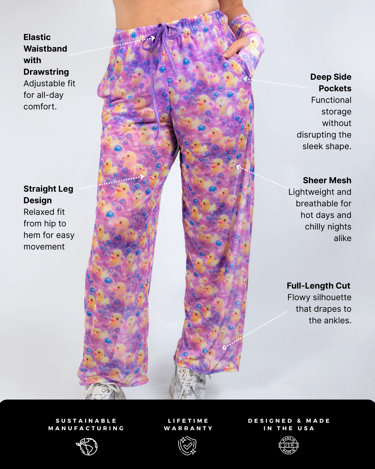 Duckies Mesh Lucy Pants in vibrant purple, yellow, and pink print, featuring wide-leg design, lightweight mesh, and elastic waistband.