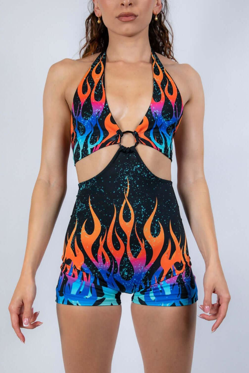 Vibrant Blaze Romper with halter neckline and flame print, perfect for rave outfits and summer festivals.