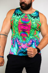  Model wearing a vibrant, psychedelic tank top with intricate, colorful patterns. Freedom Rave Wear brings eye-catching designs perfect for rave fashion. 