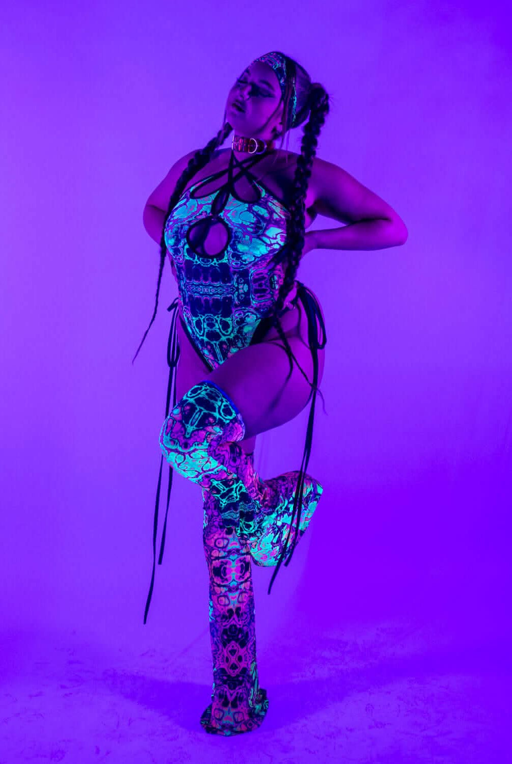 Intensity Cross Faded Bodysuit Set in vibrant UV-reactive prints, perfect for rave outfits.