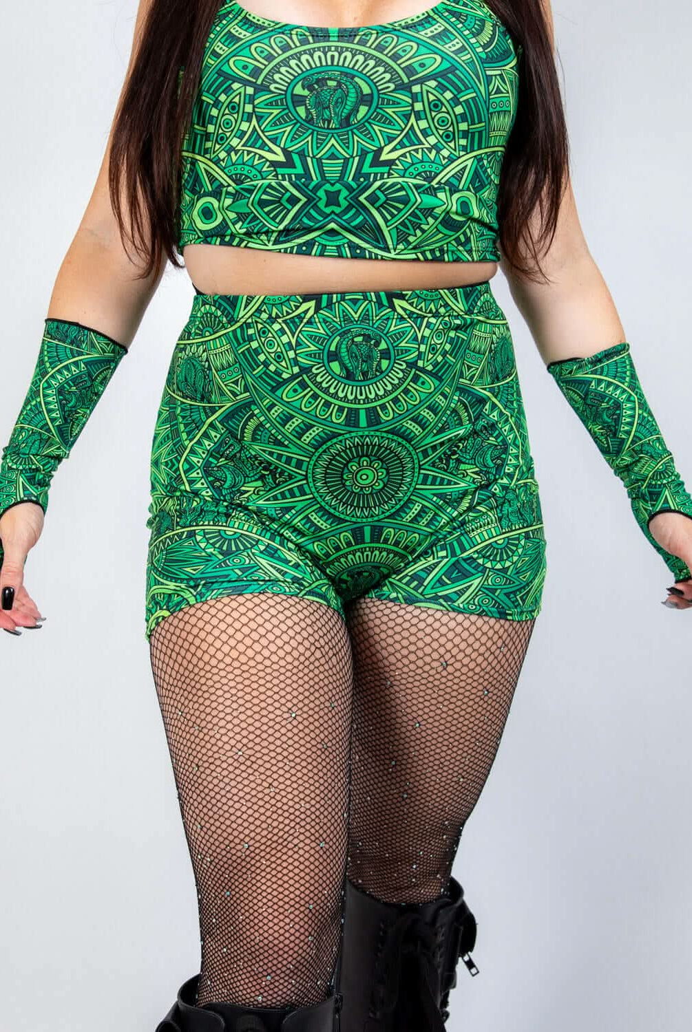 Dominion High Waist Shorts featuring dinosaur detail in sacred geometry, perfect rave bottoms for dancefloor adventures.