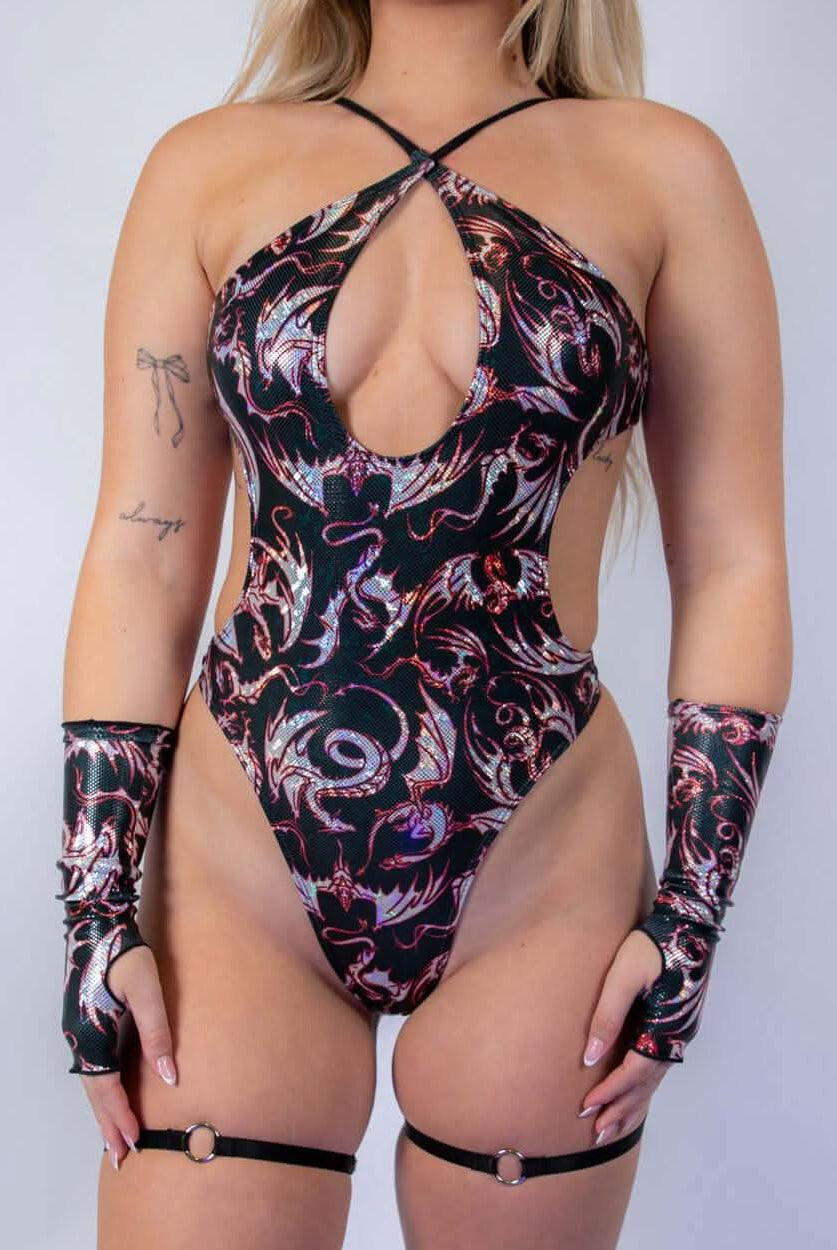 Front view of the Drakonis Halo Bodysuit showcasing its unique cut and details.