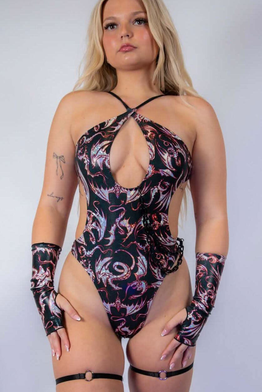 Front view of the Drakonis Halo Bodysuit featuring adjustable straps and a bold design.