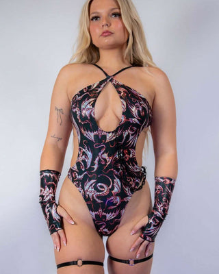 Front view of the Drakonis Halo Bodysuit featuring adjustable straps and a bold design.