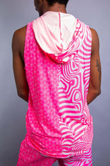 A man wearing a pink and white tank top with a hood and matching pants. He is facing away from the camera.