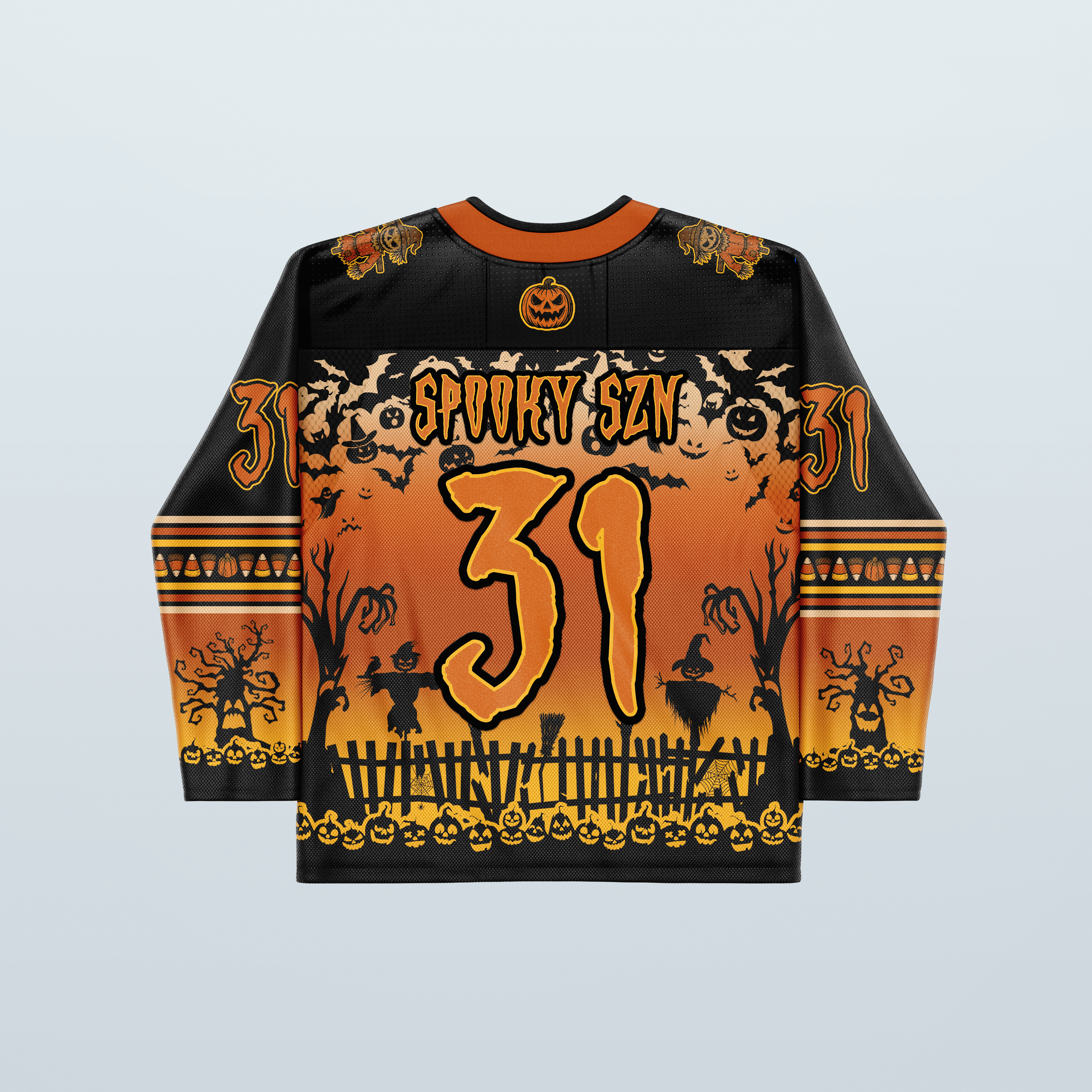 Spooky Szn Hockey Jersey - Limited Editon featuring vibrant Halloween designs and glowing pumpkins.