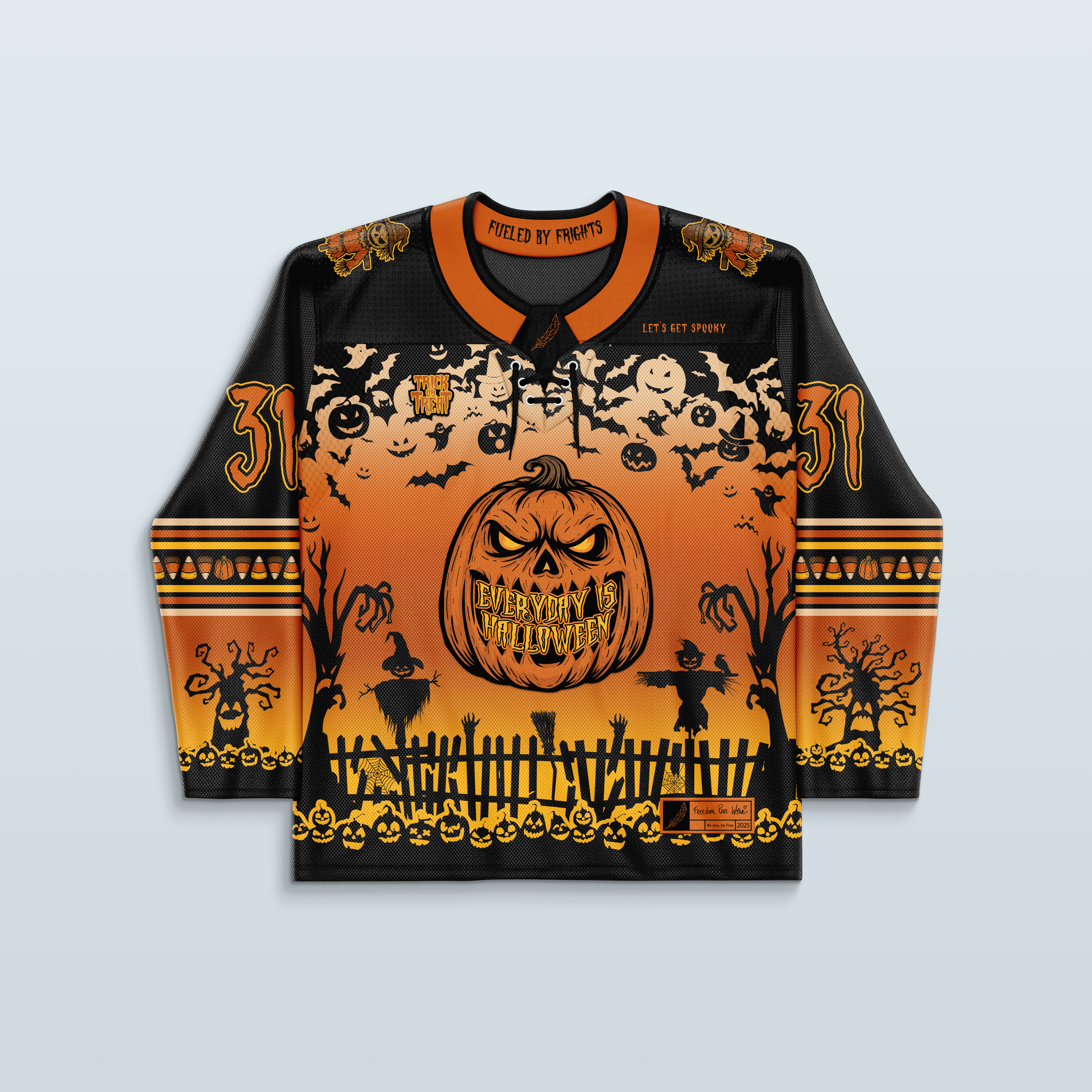 Spooky Szn Hockey Jersey - Limited Editon featuring a pumpkin design and Halloween-themed graphics for rave outfits.