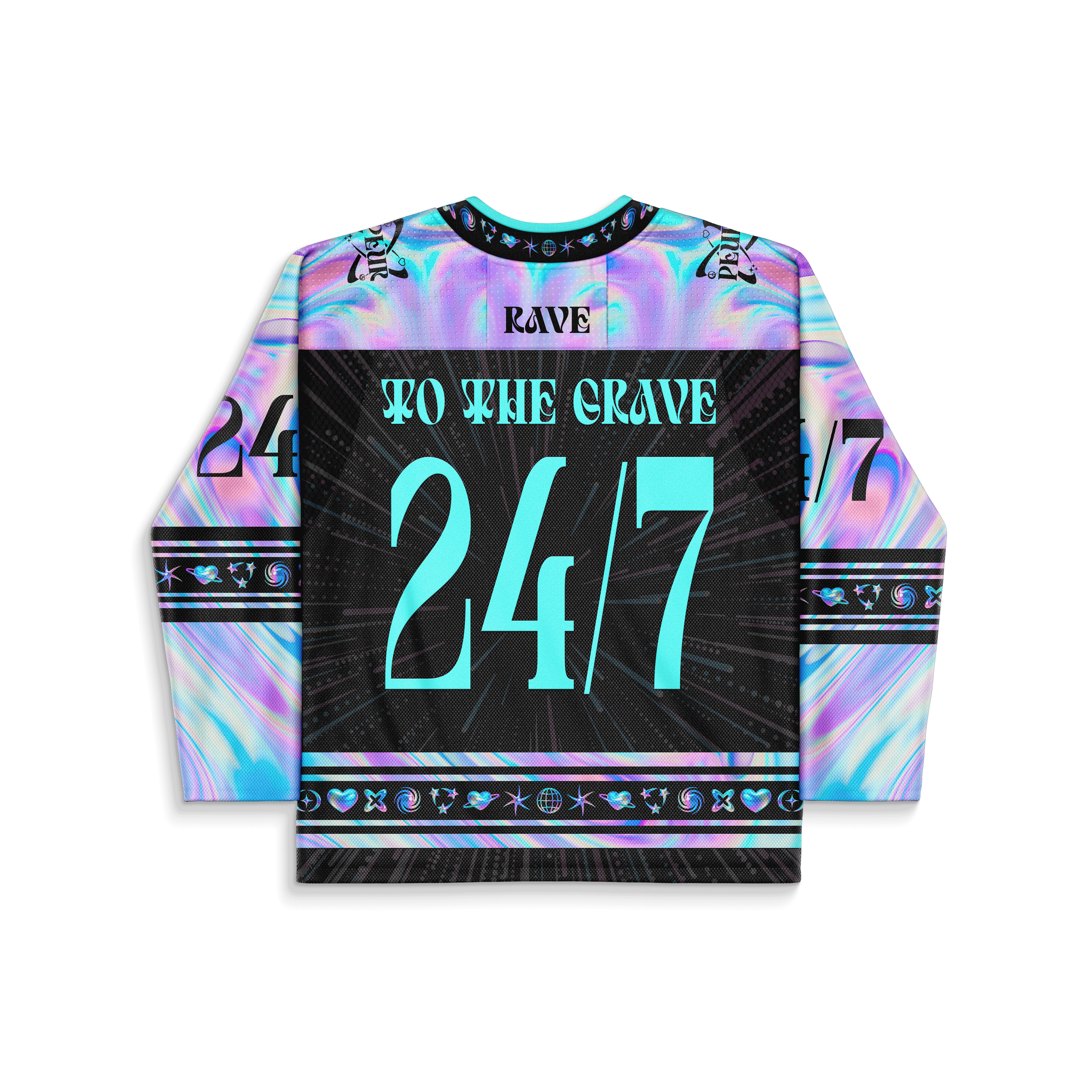 Rave to the Grave Hockey Jersey - LIMITED EDITION featuring iridescent design and skull graphics.