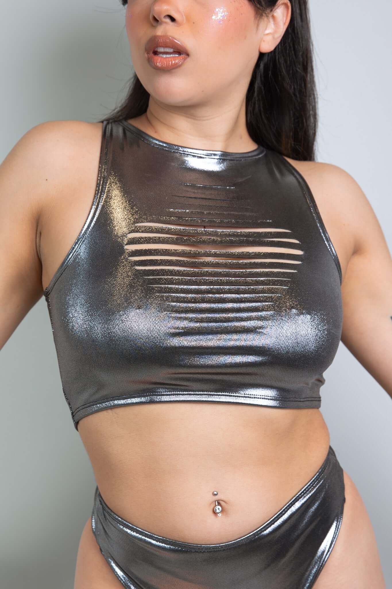 Chrome Slit Crop Top Freedom Rave Wear Size: Small