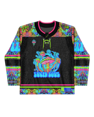 Lucidity Hockey Jersey featuring vibrant acid-wash print, perfect for rave outfits and unique fashion enthusiasts.