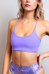 Sleek lavender matte crop top with a shimmering band, perfect for enhancing rave outfits, by Freedom Rave Wear.