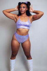 Lavender Holo High Waisted Brazilian Bottoms Freedom Rave Wear Size: X-Small