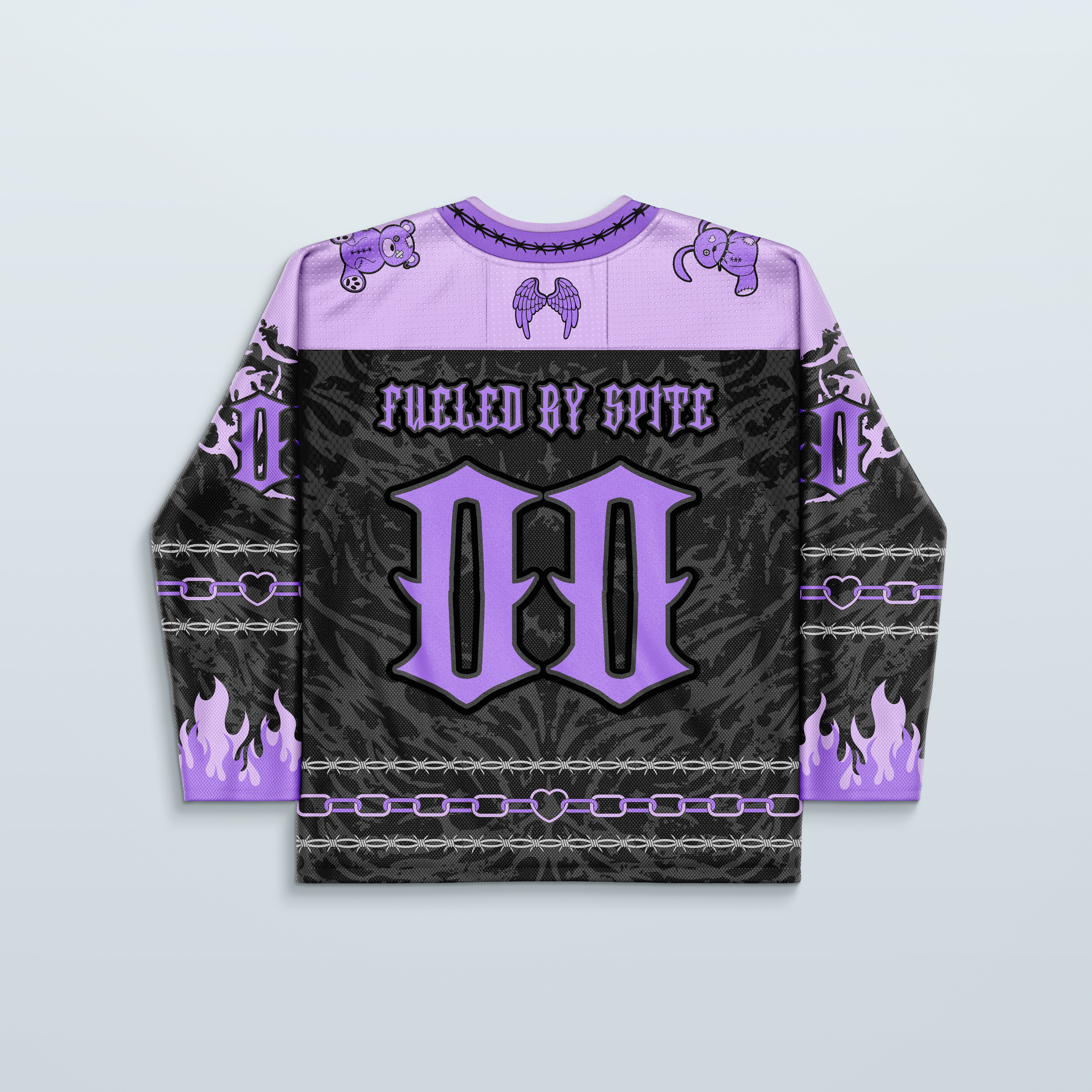 Cute but Psycho Hockey Jersey V2 in purple and black, featuring a unique design with flames and playful graphics.