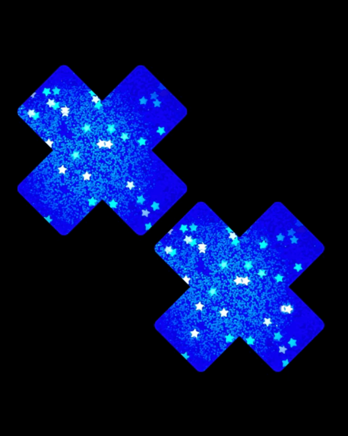 Purple cotton candy blacklight glitter X nipple cover pasties for rave outfits, featuring sparkling star design.