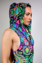 reedom Rave Wear ensemble highlighting a matching psychedelic bodysuit and hood with vivid neon floral patterns