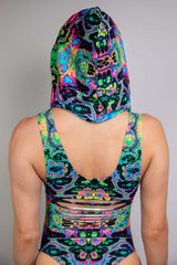 Rear view of a Freedom Rave Wear bodysuit and hood set featuring vivid psychedelic patterns in neon colors.