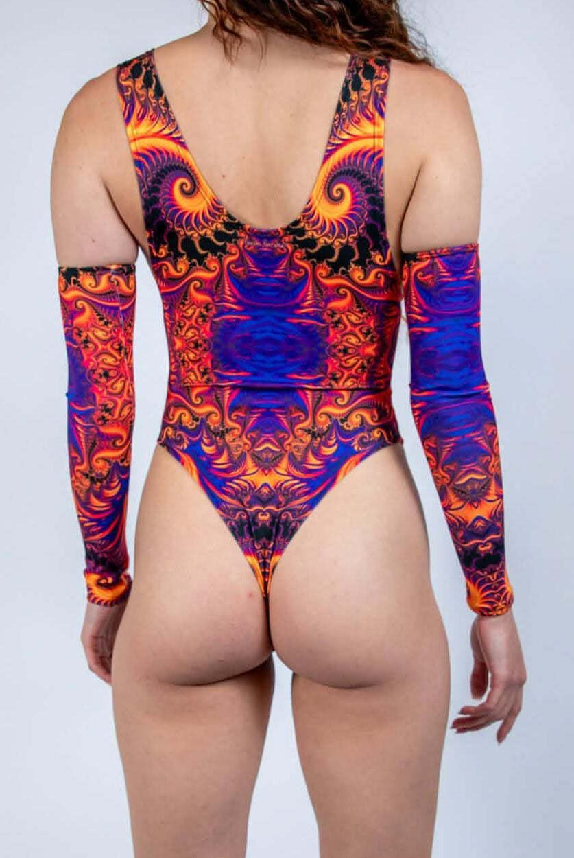 Back view of Radiance Sideboob Bodysuit featuring psychedelic print and high-cut design, perfect for rave outfits.