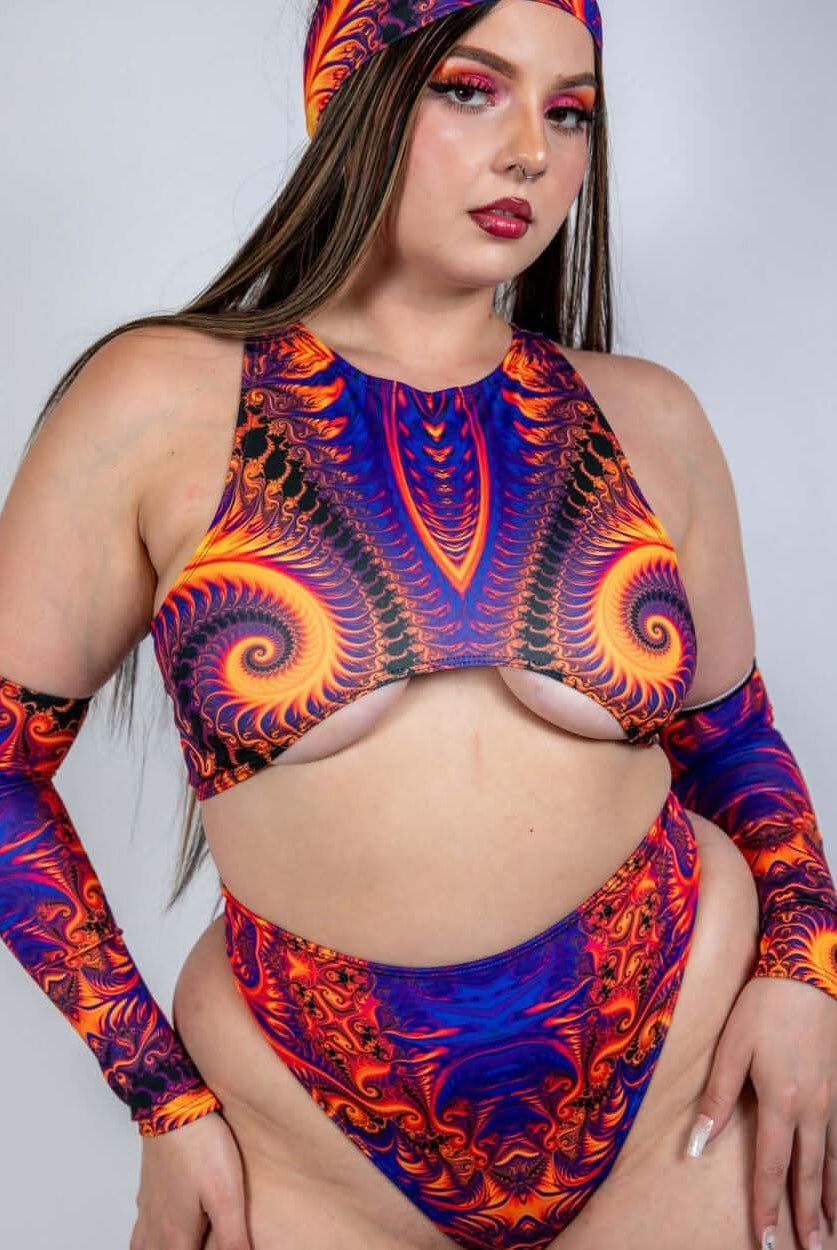 Radiance Teaser Top showcasing vibrant fractal design, perfect for rave outfits, featuring underboob cutout and high-neck silhouette.
