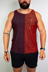 Model wearing a red and black geometric tank top with bold patterns, perfect for raves. Freedom Rave Wear offers unique festival fashion. 