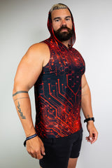  Model wearing a red and black tech-themed hooded tank top with circuit patterns, ideal for raves. Freedom Rave Wear offers unique apparel.