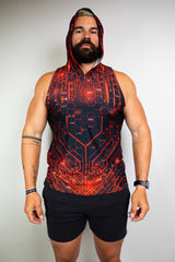Model in a red and black tech-themed hooded tank top with circuit patterns, ideal for raves. Freedom Rave Wear offers unique festival fashion. 
