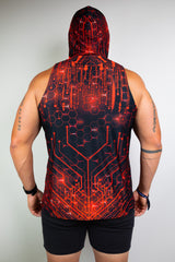 Model displaying back view of a red and black tech-themed hooded tank top with circuit patterns, perfect for raves. Freedom Rave Wear offers unique fashion.