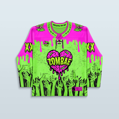 Zombae Hockey Jersey - Limited Editon featuring neon green and hot pink colors with zombie hand designs for rave outfits.