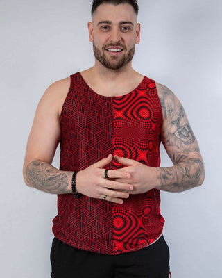 Stylish man wearing Amplitude Men's Tank Top in bold red, perfect for rave outfits and festival fashion.