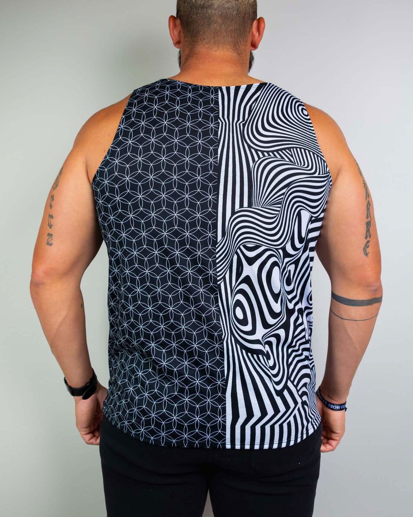 Black and white graphic unisex tank top showcasing unique geometric and wavy patterns, perfect for rave outfits.