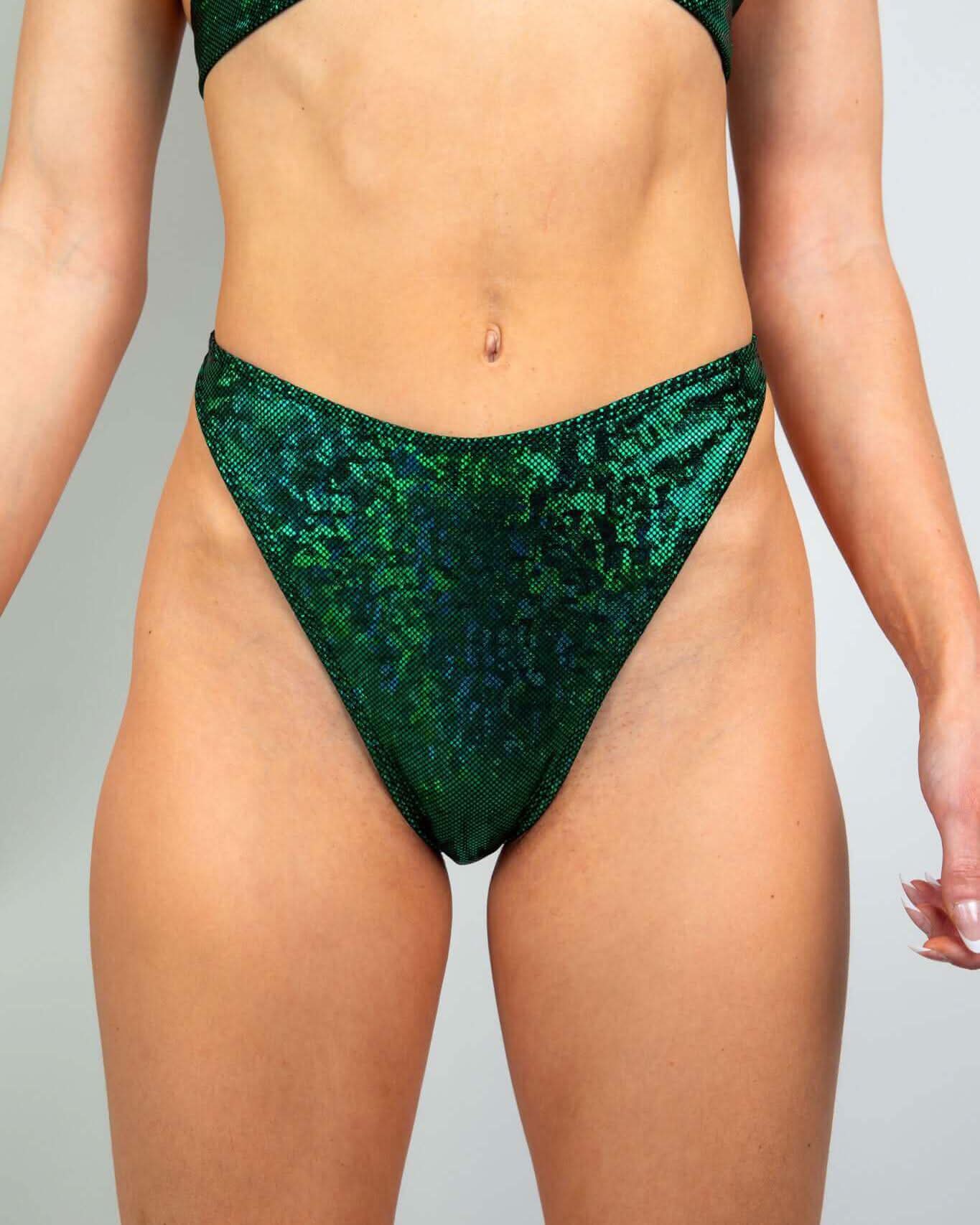 Emerald Holo Retro Thong Bottoms, cheeky cut, handmade, eco-friendly rave outfit, soft and stretchy design.