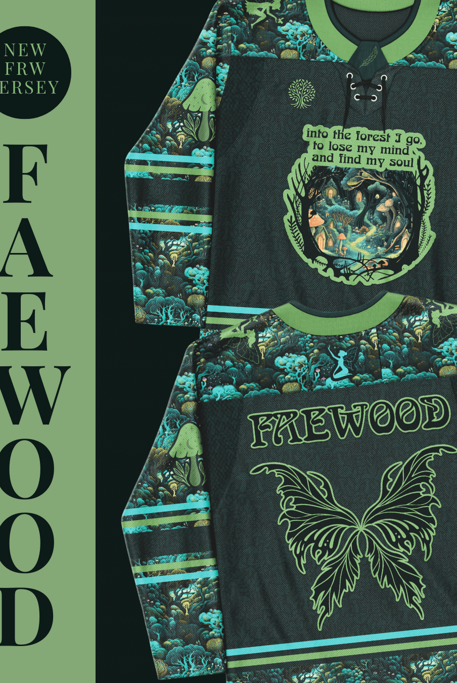 Faewood hockey jersey featuring enchanting forest design, ideal for rave outfits and magical adventures.