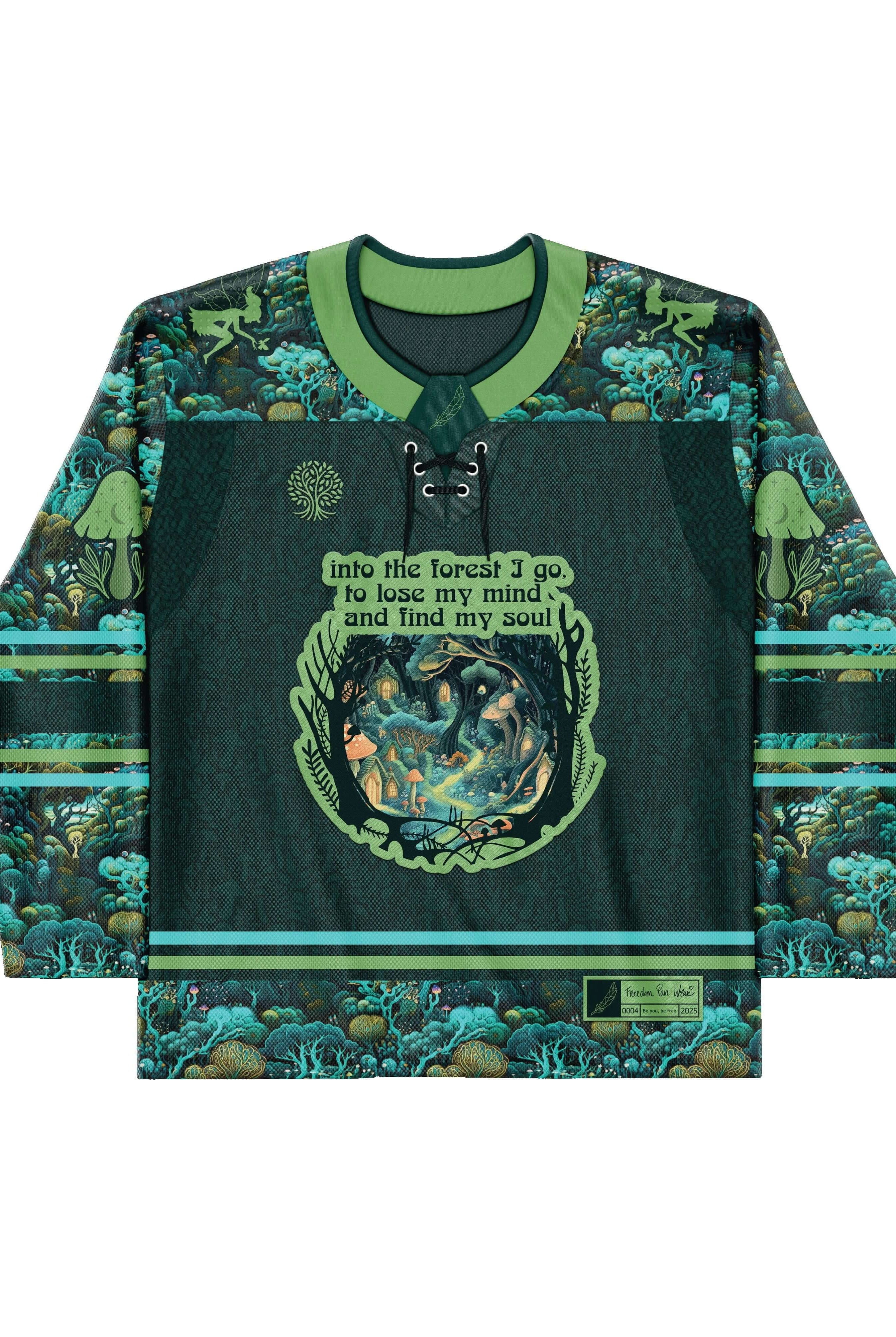 Faewood Hockey Jersey featuring mystical forest design, perfect for rave outfits and clothing enthusiasts.