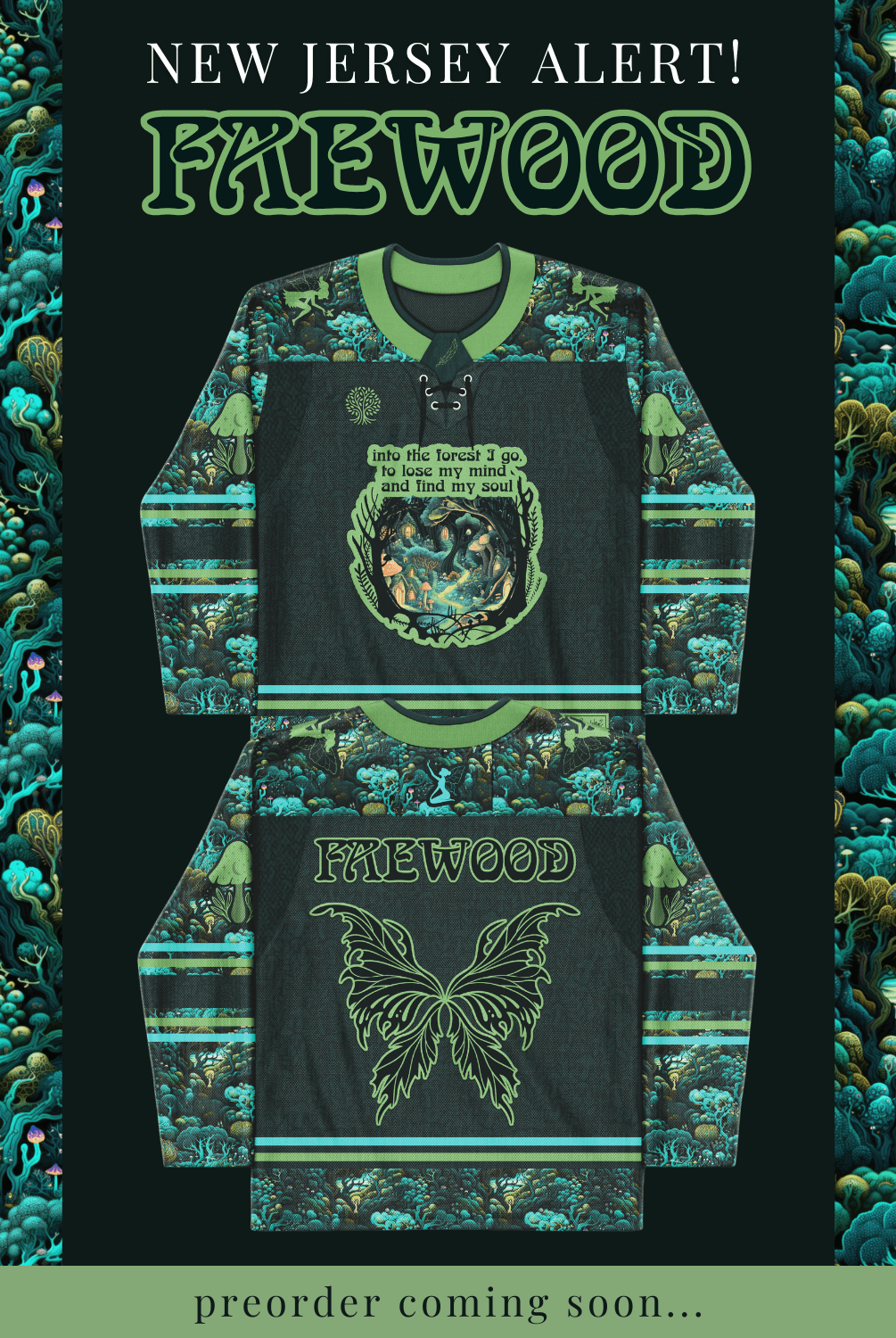 Faewood hockey jersey featuring vibrant forest designs, perfect for rave outfits and enchanted adventures.