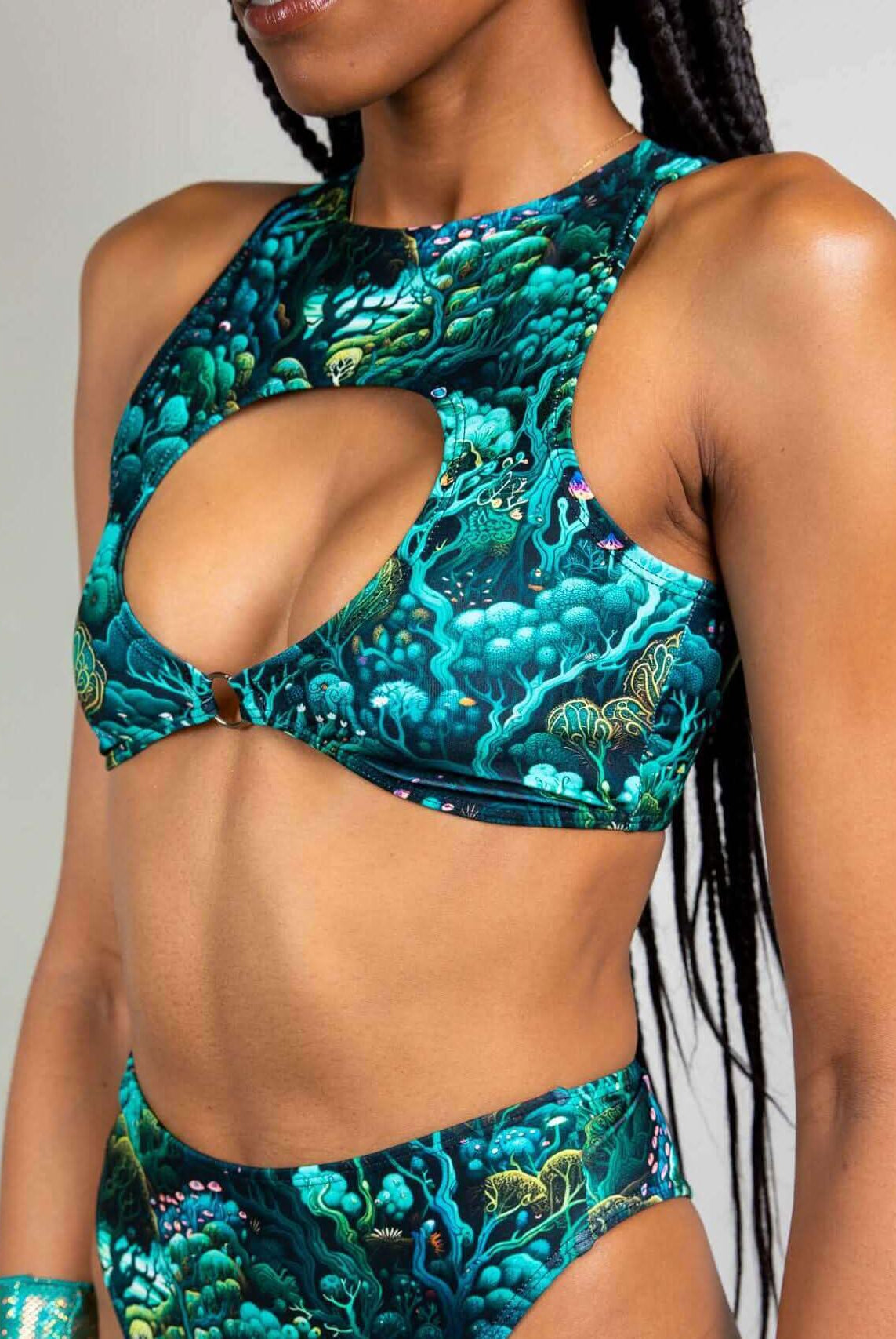 Faewood Keyhole Top in vibrant green print, featuring keyhole cutout and O-ring detail, perfect for rave outfits.