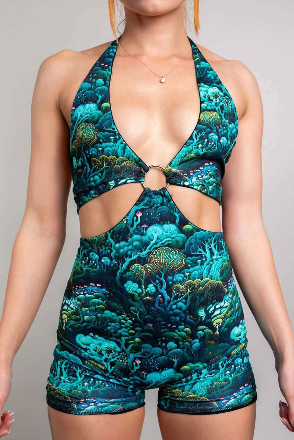 Faewood Romper with enchanted forest design, perfect for rave outfits and stylish events, showcasing cut-out details.