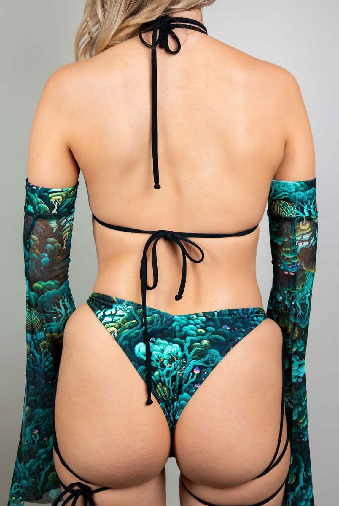 Back view of Faewood Strappy Bikini Top with enchanted forest design, perfect for rave outfits and festivals.